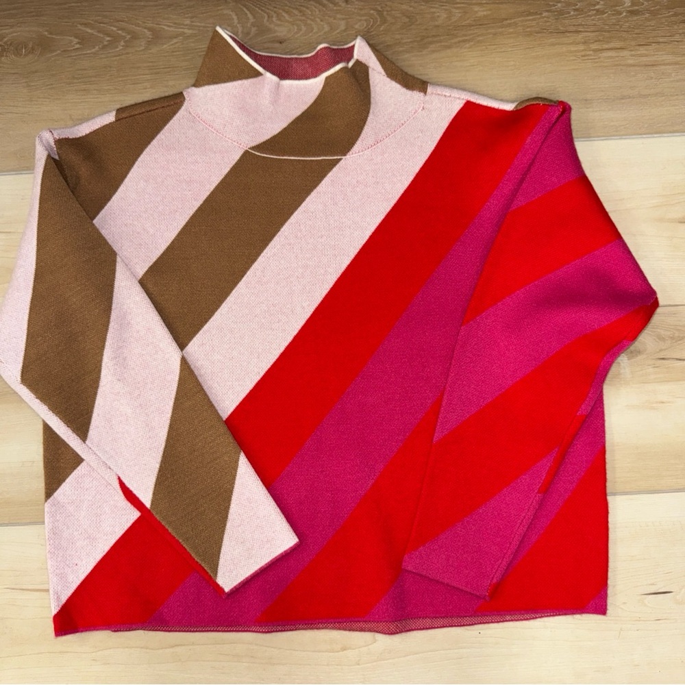 Anthropologie Colorblock Funnel-Neck Sweater in Red, Pink, Brown, Cream - Picture 2 of 5
